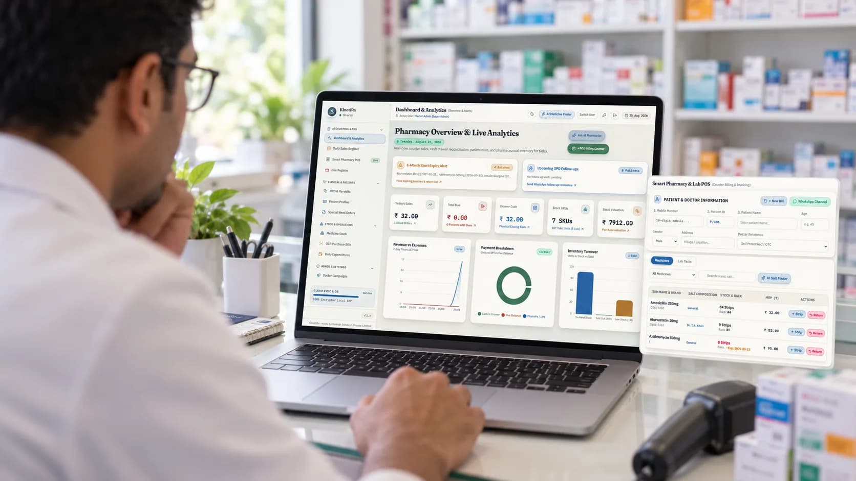 Pharmacist reviewing the KinetiRx dashboard on a laptop — today's sales, drawer cash, and stock valuation — with the POS billing screen open alongside it.