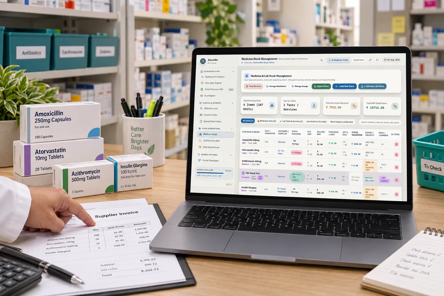 A pharmacist checking a supplier invoice against the KinetiRx medicine stock management screen before updating inventory.