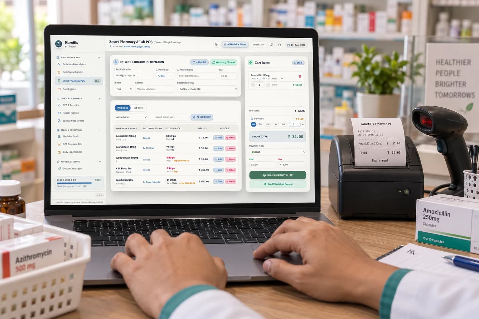 A pharmacist using the KinetiRx POS billing screen at the counter, with a printed GST receipt coming off the printer.